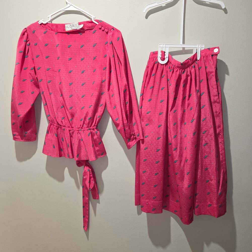 Ms. Chaus Vintage 80s Pink Patterned Top and Skirt Two-Piece Set Size 6